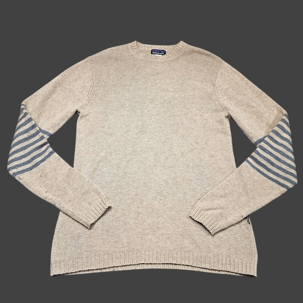 Patagonia Crewneck Sweater Mens M Tan Lambswool Striped Elbow Outdoor Heritage